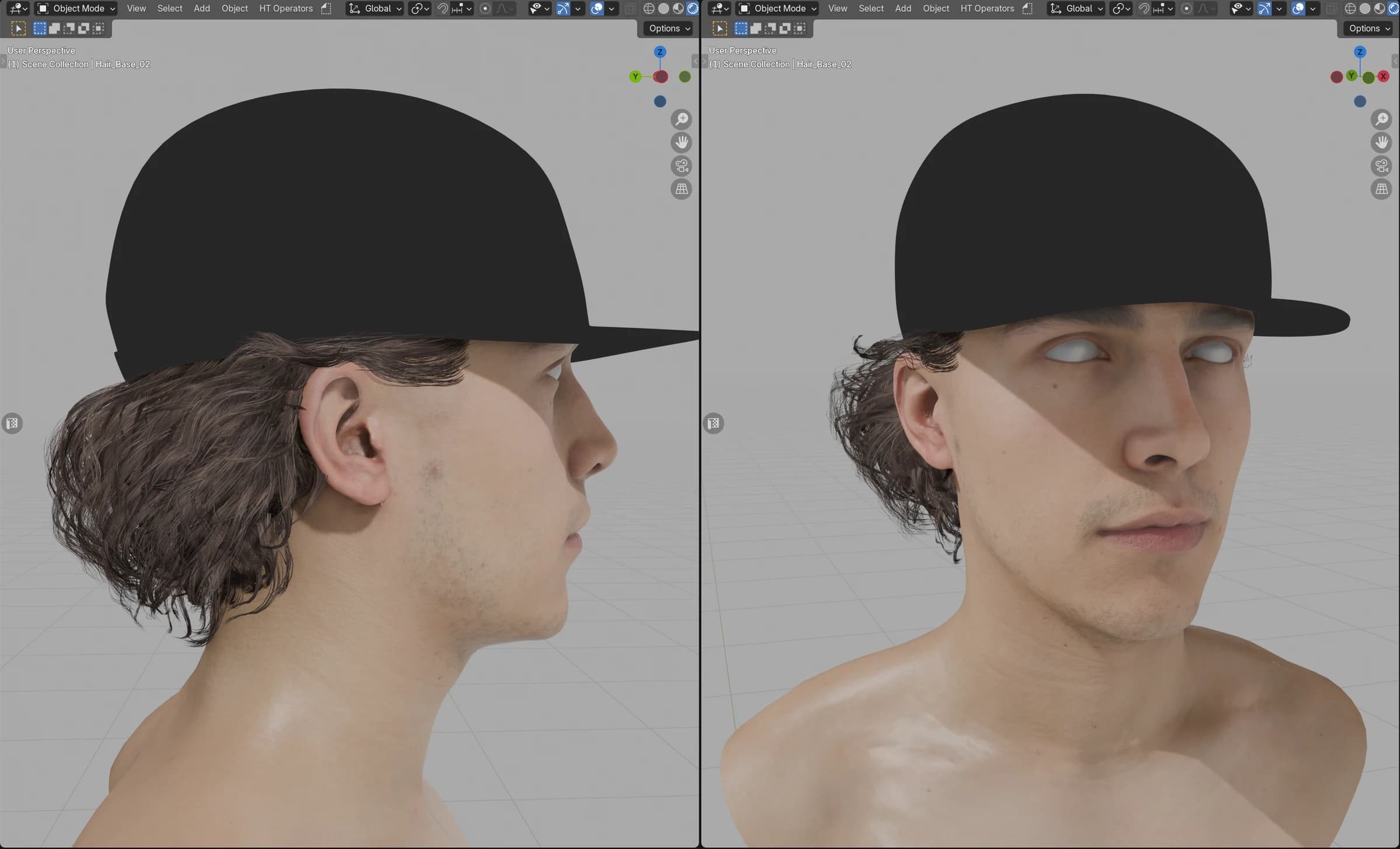 Testes de encaixe do cabelo de Soundwave em vistas lateral e frontal no Blender